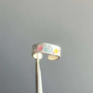 Colorful graffiti open ring for women, cute painted cartoon doodle adjustable silver finger ring