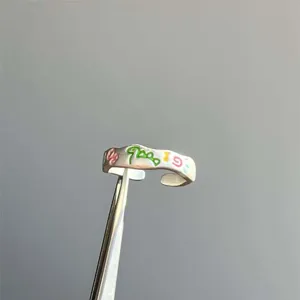 Silver open ring with colorful graffiti enamel designs, unique punk style finger jewelry for women.