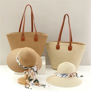 Conjunto de Bolso Tote y Sombrero de Paja Tejida de Verano Bolso de Hombro de Playa de Gran Capacidad con Pañuelo Mujer Viaje Vacaciones