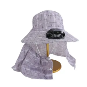 Women plaid sun hat with wide brim, neck flap and solar powered fan for outdoor summer protection.