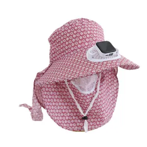 Chapeau de soleil floral pour femme avec ventilateur solaire et protection visage été