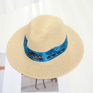 Strohfedorahut mit blauem Kutschenband Sommer Strand Outdoor Sonnenschutz breite Krempe Hut