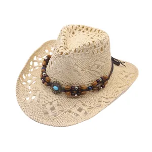 Unisex summer hollow straw cowboy hat with beaded leather band for outdoor beach sun protection.