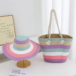 Ensemble chapeau de paille et sac cabas raye d'ete grand format plage respirant mode chic
