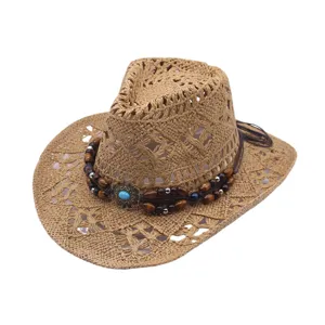 Straw cowboy hat for women men, hollow out sun protection beach cap with wooden beads decor.