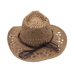 Close-up detail of the woven straw cowboy hat showing hollow-out texture and beaded rope.