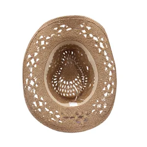 Detailed view of the hollow western straw hat, showing breathable woven texture and inner fit.