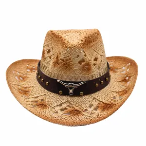 Women men straw cowboy hat western sun protection summer hollow beach cap 56-58cm