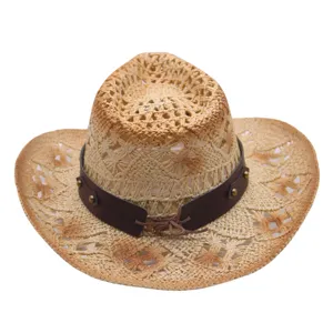 Hollow straw cowboy hat detail, perfect for outdoor summer sun protection and holiday wear.