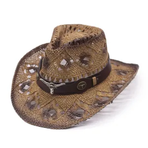 Detailed view of a hollow straw cowboy hat with brown gradient and bull skull metal band.