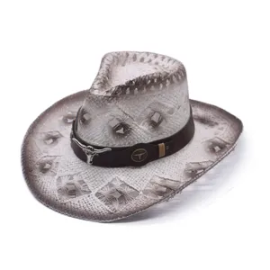 Straw cowboy hat for men and women, hollow design with leather band and metal bull decor.