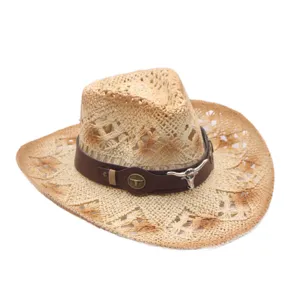 Hollow straw cowboy hat with leather band and metal bull skull for outdoor sun protection.