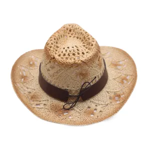 Detailed view of hollow straw cowboy hat with brown leather band and summer outdoor sun protection.
