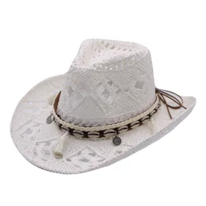 White crochet western cowboy hat with shell tassel band, summer beach sun straw hat for women men