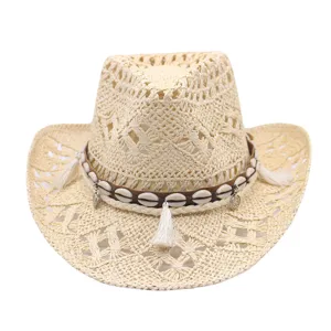 Hollow out Western cowboy straw hat with shell tassel band, sun protection detail view.