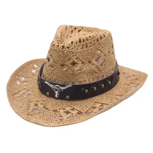 Woven straw cowboy hat for summer outdoor sun protection, hollow design with bull skull.