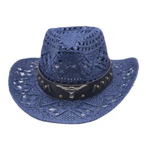Blue hollow western cowboy straw hat with leather band and metal bull skull decoration sun hat.