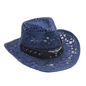 Detailed view of the dark blue woven cowboy hat, featuring leather band and metal bull skull decor.