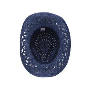 Dark blue hollow woven straw cowboy hat, perfect for outdoor summer beach sun protection.