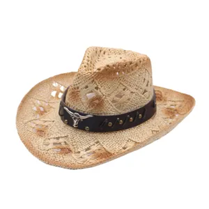Hollow out western cowboy straw hat for men women summer sun protection beach outdoor hat
