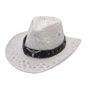 White hollow out western cowboy straw hat for men and women outdoor sun protection.