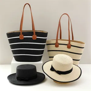 Ensemble sac cabas et chapeau de paille, grande capacite plage vacances ete mode chic.