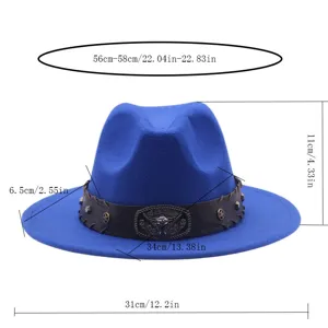 Κομψό βασιλικό μπλε μάλλινο καπέλο fedora με δερμάτινη ζώνη ταύρου και φαρδύ γείσο.