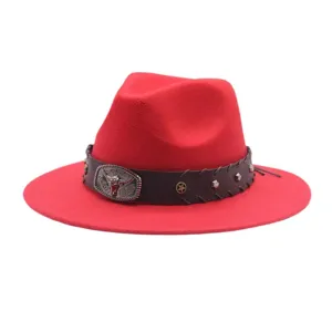 Κόκκινο μάλλινο καπέλο fedora γυναίκες άνδρες western cowboy jazz με δερμάτινη ζώνη ταύρου