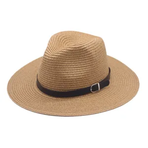 Unisex Brede Rand Strohut Casual Geweven Zonnebescherming Strand Zonnehoed Opvouwbare Panama Jazz Pet Met Kunstleren Riem Gesp Zomer Outdoor Vakantie