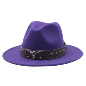 Chapeau Fedora en Polyestère de Style Occidental Rétro Ethnique Bande Rivets Tête de Taureau Large Bord Chapeau de Jazz Homme Femme Voyage