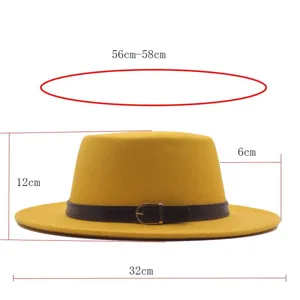 Gelber Wollfedora-Hut mit braunem Ledergürtel und Metallschließe, Größe 56-58cm für Herbst.