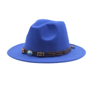 Cappello fedora in feltro di lana blu vintage western cowboy jazz con cinturino in pelle.