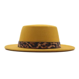Chapeau Fedora Femme Vintage Haut Plat Boucle Ceinture Léopard Mélange de Coton Casquette Jazz Automne Hiver Style Britannique