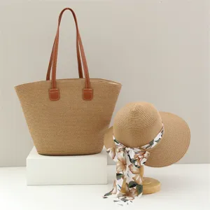 Conjunto de bolso tote y sombrero de paja trenzada para mujer playa verano viaje