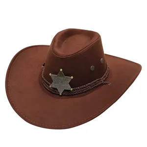 Brown western cowboy hat felt jazz cap with sheriff star badge for men and women.