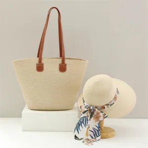 Bolso Tote de Paja y Sombrero de Sol Gran Capacidad Vacaciones de Verano Bolso Tejido