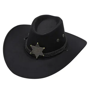 Black Western Cowboy Hat Felt Jazz Hat Sheriff Badge Wide Brim Fedora Autumn Winter Unisex