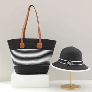 Black and white striped straw tote bag and sun hat two piece set, stylish summer travel set.