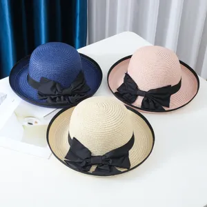 Sombrero de paja de verano para mujer con lazo negro, ala ancha sombrero de sol de playa.