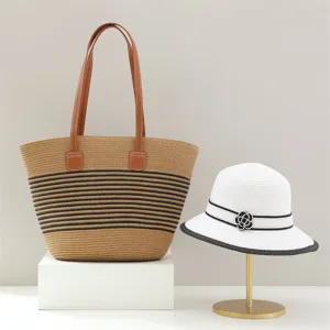 Chic straw tote bag and elegant sun hat two-piece set, perfect for summer beach and outdoor travel.