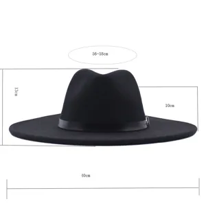 Vue dimensionnelle détaillée du chapeau fedora en feutre de laine noir avec taille et bord.