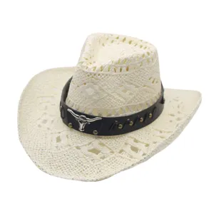 White Straw Cowboy Hat with Bull Skull Band Summer Sun Protection Outdoor Beach Sun Hat
