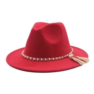 Roter Woll-Fedora-Hut für Damen und Herren Herbst Winter, schicker Perlenketten-Quasten-Hut.