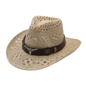 Hollow-out Western cowboy straw hat for men and women, stylish sun protection outdoor cap.