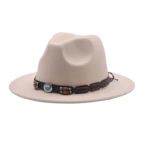 Cappello Fedora in Lana Beige Cowboy Occidentale Jazz con Fascia in Pelle Perle Turchese