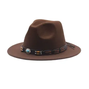 Cappello fedora in feltro di lana marrone cappello da cowboy occidentale con fascia in pelle