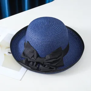 Sombrero de paja de verano para mujer con lazo negro ala ancha playa vacaciones sol chic
