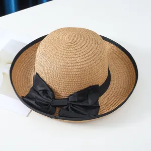 Sombrero de paja mujer verano con lazo negro playa vacaciones ala ancha sol elegante