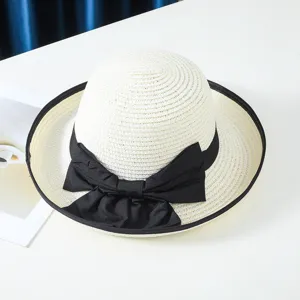 Sombrero de paja de verano para mujer con lazo negro, elegante sombrero de sol playa.