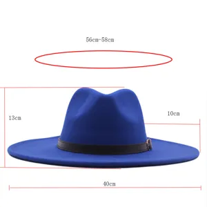 Blaue Filzhut Jazz-Detailansicht mit einer 10 cm breiten Krempe und Kopfgröße von 56 bis 58 cm.